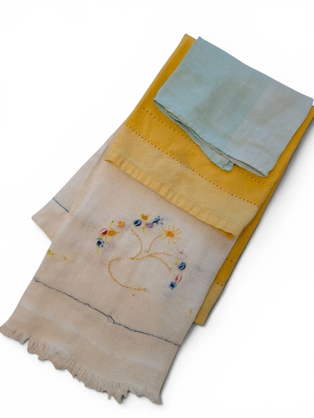 VINTAGE Embroidered Linen Tea Towels Cream Yellow Aqua 3-Set Lot